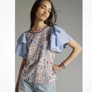 Anthropologie Let Me Be Floral Chambray Ruffle Flutter Sleeve Top L